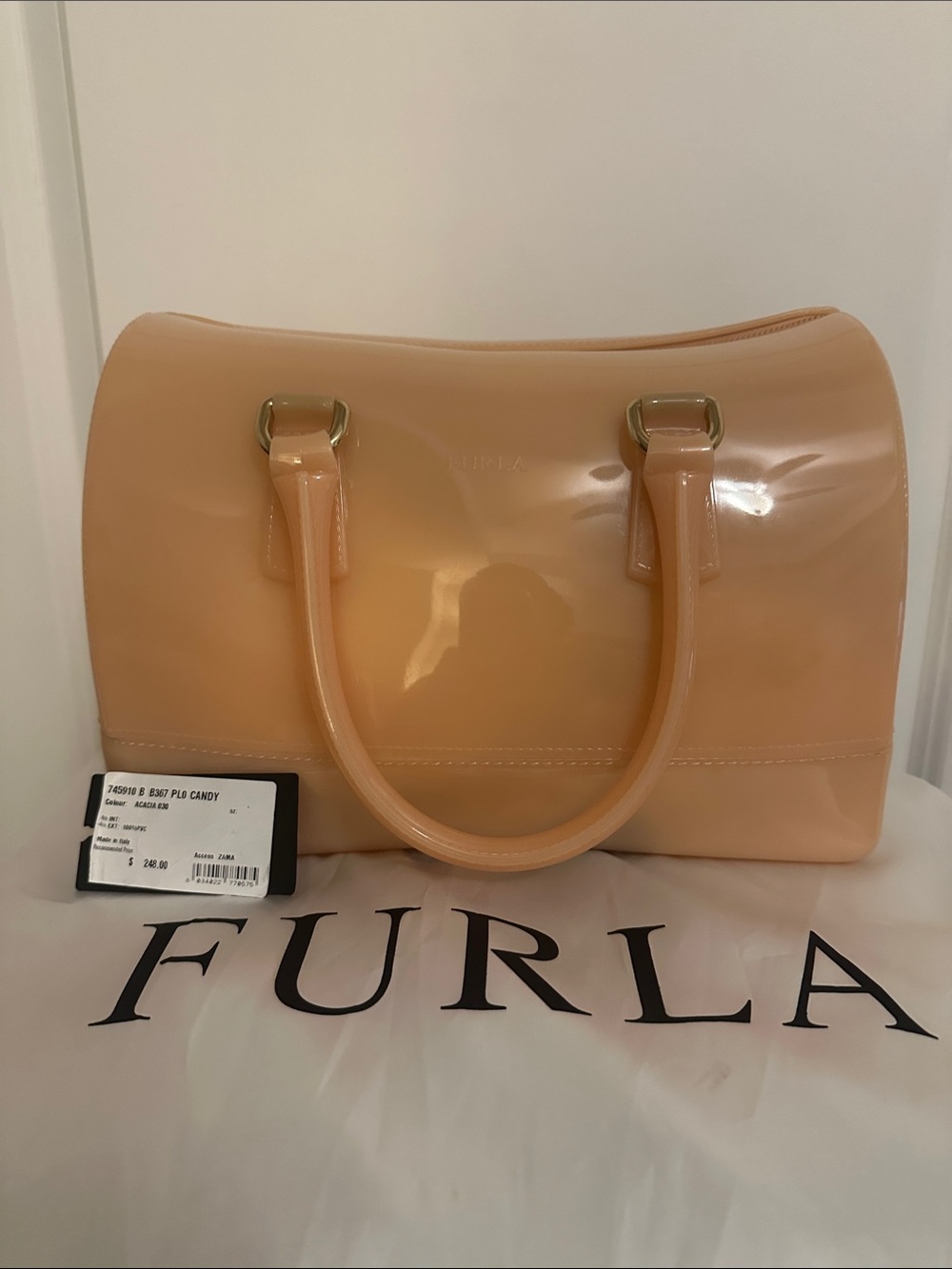 Furla glossy peach patent satchel